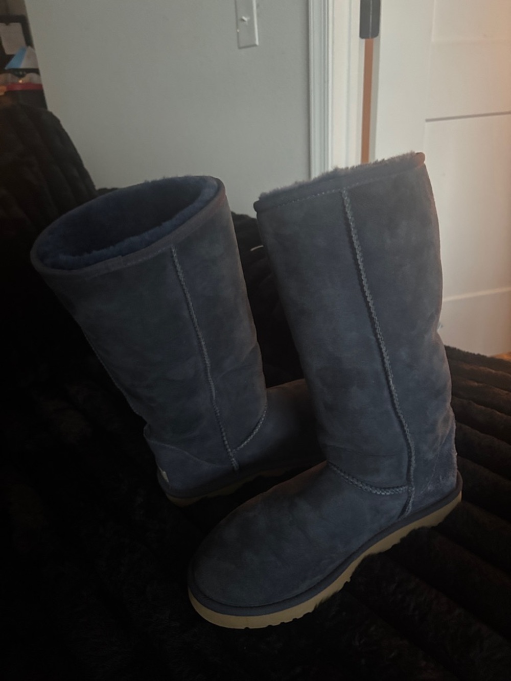UGG Tall Suede Boots in Navy with Tan Sole